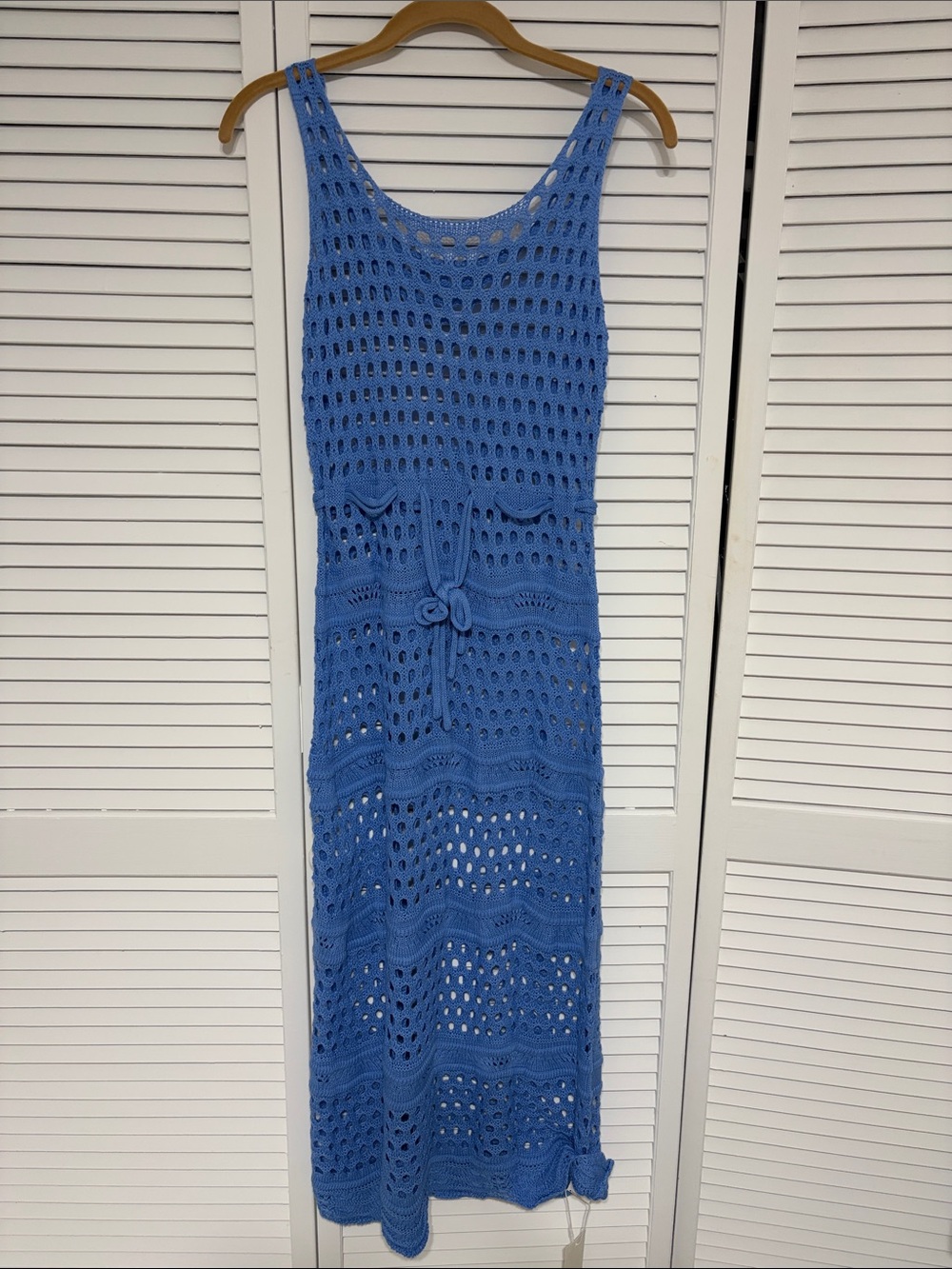 Sleeveless Blue Crochet Maxi Dress with Waist Tie